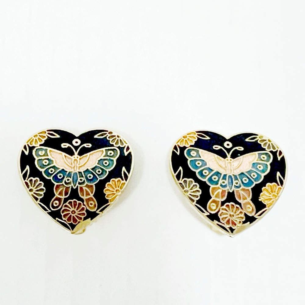 Vintage Cloisonné Butterfly Floral Triangular Clip on Earrings